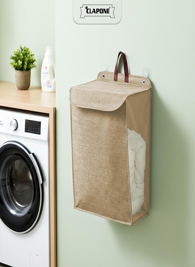 CLAPONE Wall Hanging Laundry Basket Collapsible Laundry Hamper with Handle & Laundry Balls Foldable Space-Saving Dirty Clothes Organizer for Bathroom & Bedroom (Beige, Regular) - Image 3